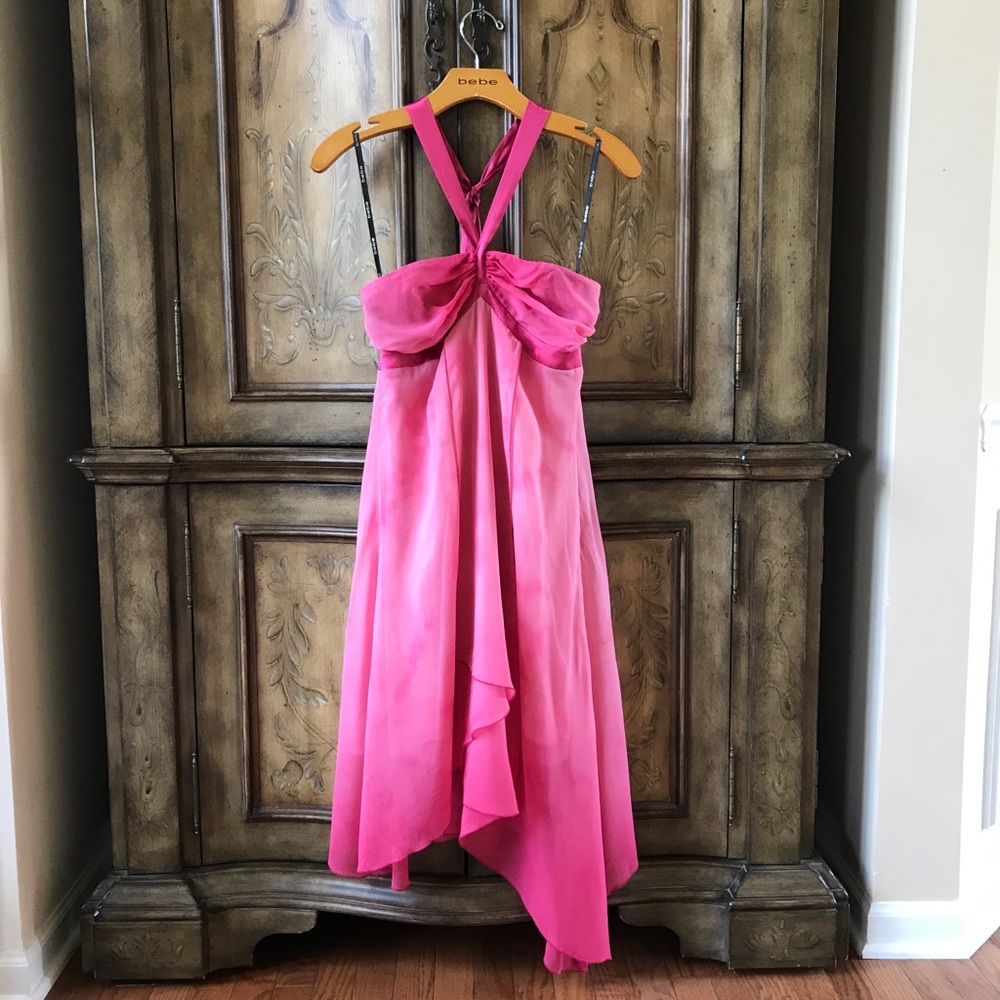 Bebe NWT 100% Silk Ombré Boho Asymmetric Midi Dress Pink Sz S